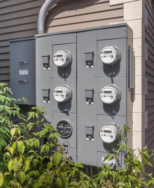 A gray utility meter panel with six meters is mounted on an exterior wall with plants nearby in Centennial CO